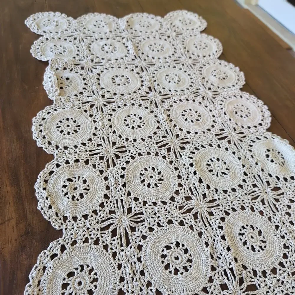 Vintage Handmade Crocheted Cotton Table Runner - Dresser Scarf, 19